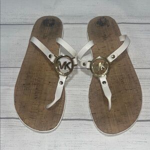 Michael Kors White and Gold MK Logo Thong Sandals 9